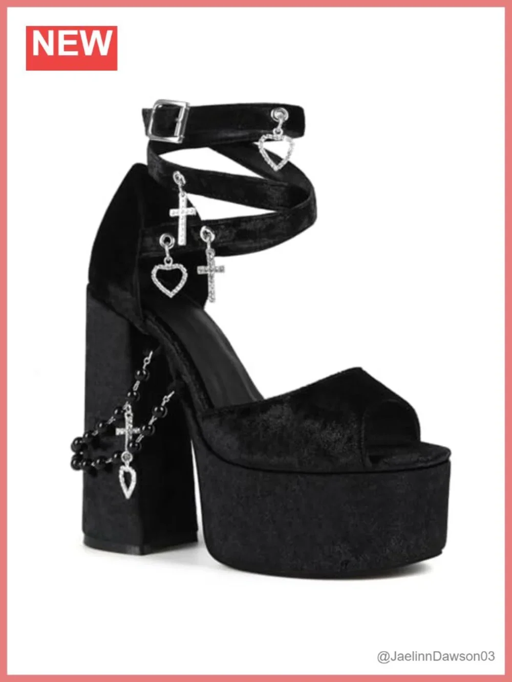 Velvet Platform Heels with Pearl Chains Chunky Ankle Strap Open Toe - Gothic